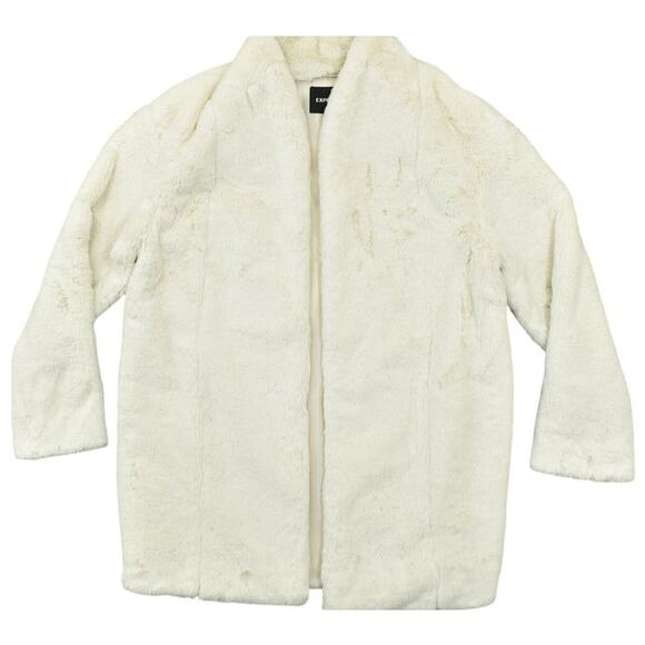 NEW Express White Overcoat Medium Faux Fur Solid Full Zip Long Sleeve Polyester - Picture 1 of 8